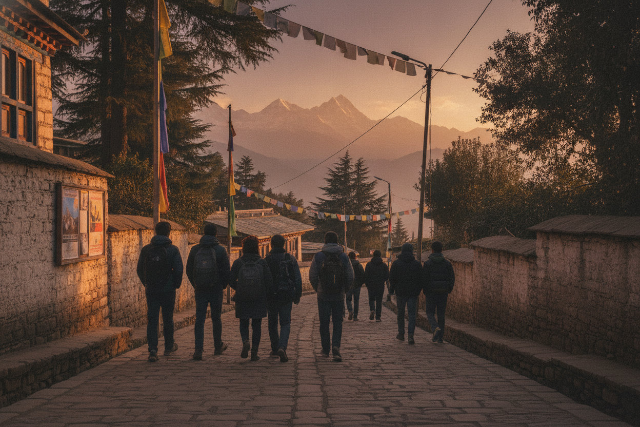 Editorial illustration of visitors at a Dharamshala hillside film weekend